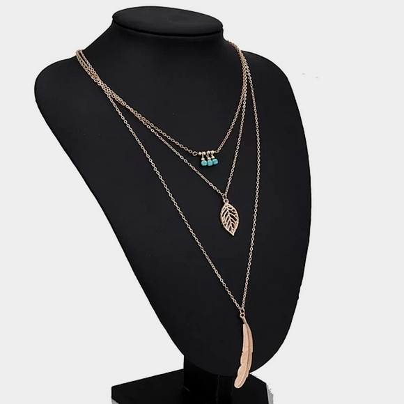 NEW Gold Feather‎ Turquoise Layered Necklace - Picture 2 of 16